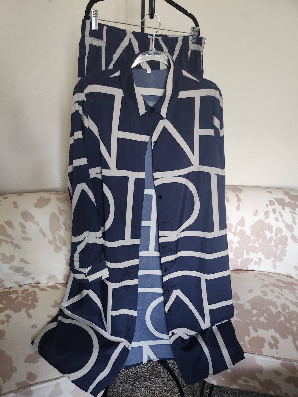 Navy & Cream Geometric Button-Up Top